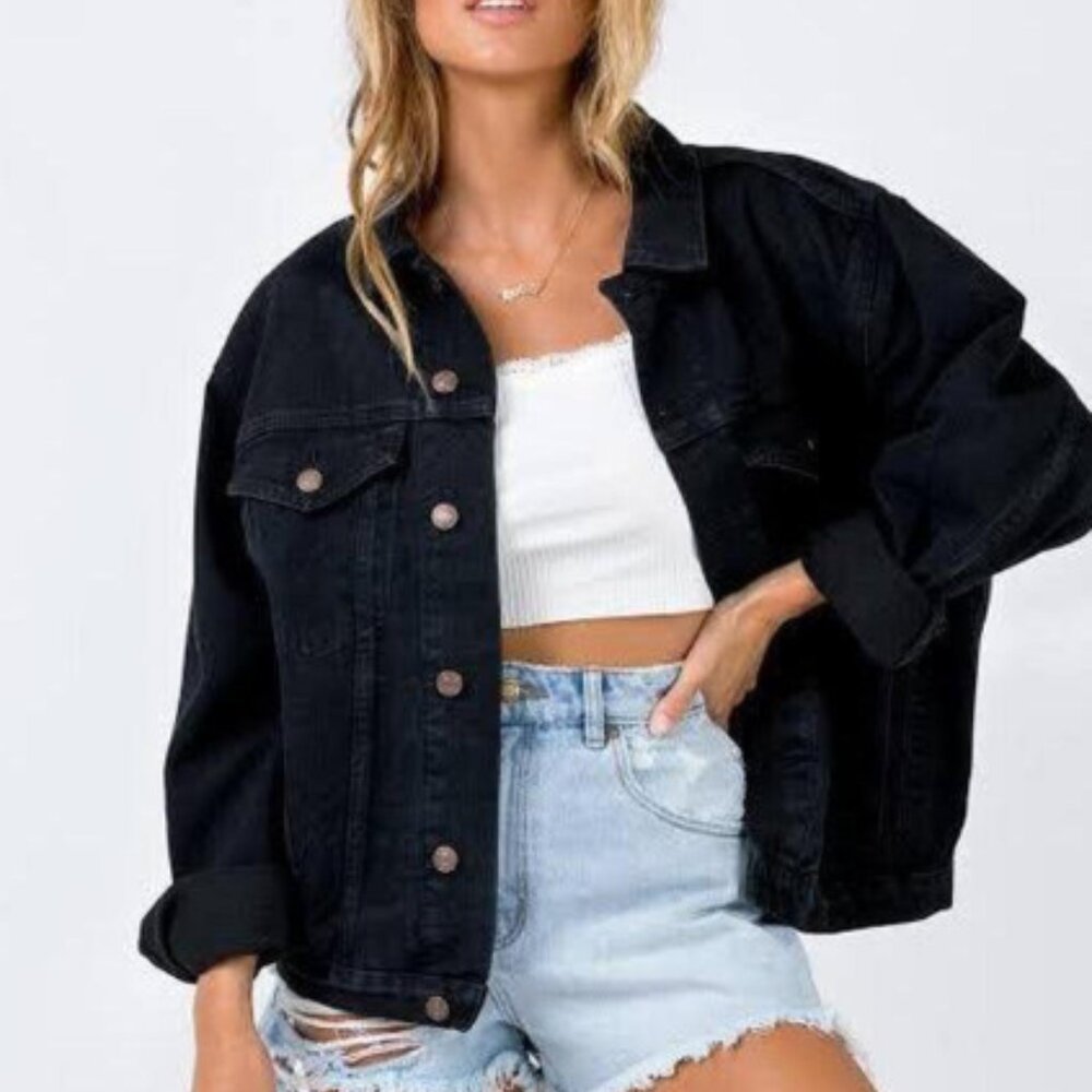 Princess Polly Oversized Denim Jacket Black Size Small/Medium